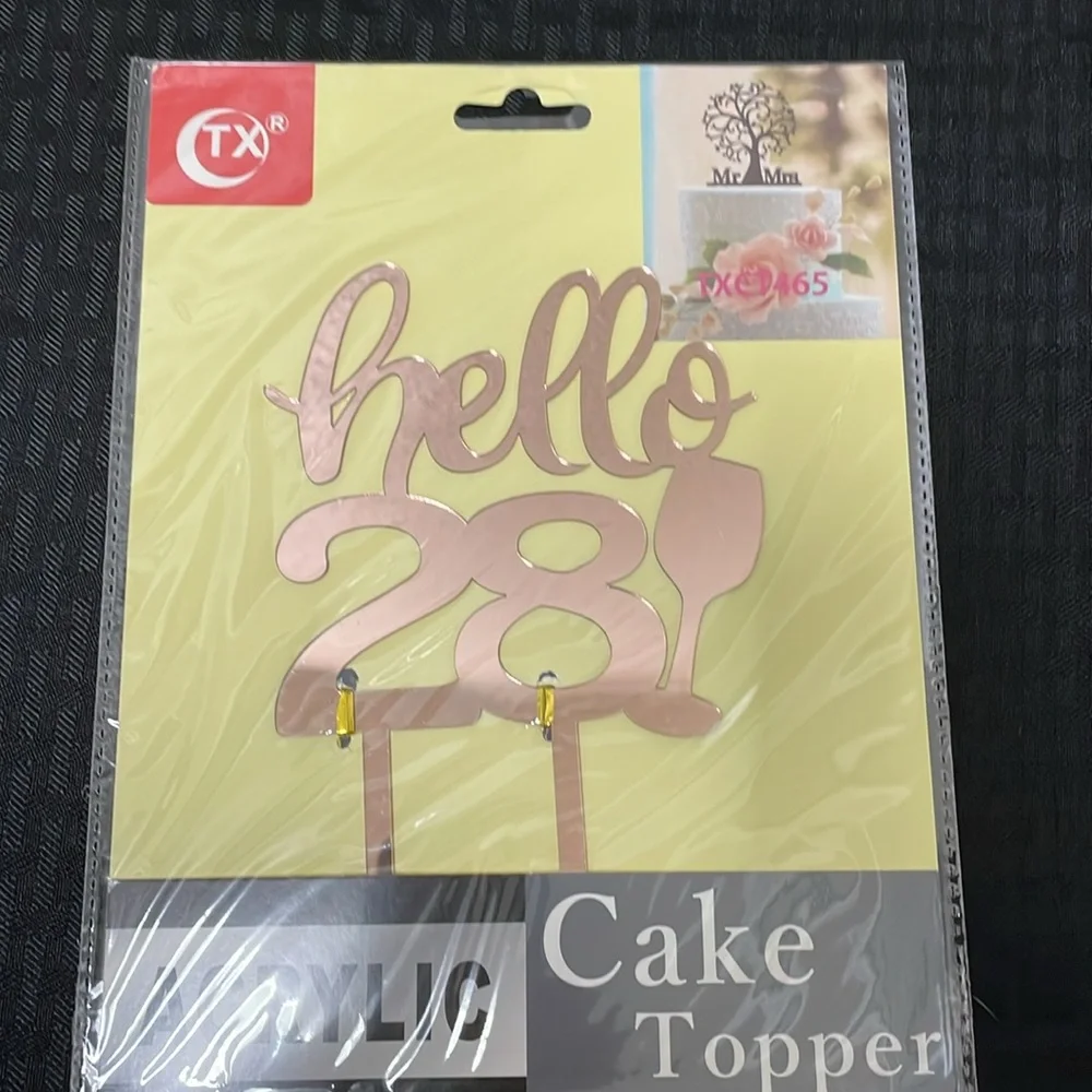 CTX Acrylic Hello 28 Cake Topper - Rose Gold Acrylic Decoration NIP 7” H X 5” W